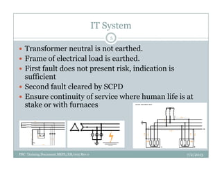 IT System
Transformer neutral is not earthed.
Frame of electrical load is earthed.
First fault does not present risk, indication is
sufficient
Second fault cleared by SCPD
5
Second fault cleared by SCPD
Ensure continuity of service where human life is at
stake or with furnaces
7/2/2013PBC Training Document MEPL/ER/005 Rev 0
 