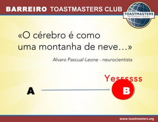 BARREIRO TOASTMASTERS CLUB 
«O cérebro é como 
uma montanha de neve…» 
Alvaro Pascual-Leone - neurocientista 
Yessssss 
A B 
www.toastmasters.org 
 