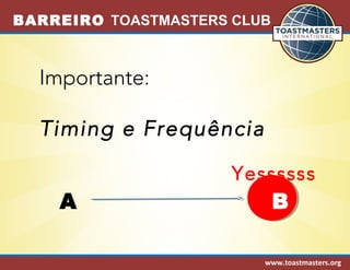 BARREIRO TOASTMASTERS CLUB 
A B 
www.toastmasters.org 
Importante: 
Timing e Frequência 
Yessssss 
 