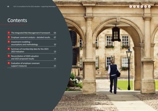 Contents
1 The Integrated Risk Management Framework 03
2 Employer covenant analysis – detailed results 07
3 	
Investment modelling –
assumptions and methodology 10
4 Summary of membership data for the 2023
2023 Valuation 13
5 	
Reconciliation of 2020 valuation
and 2023 proposed results 14
6 	
Evaluation of employer covenant
support measures 15
6
5
4
3
2
1
02 USS | A consultation for the 2023 valuation – supporting information
 