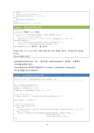 14
end
hists = cat(2, hists{:}) ;
save(conf.histPath, 'hists') ;
else
load(conf.histPath) ;
end
save('data_hists', 'hists');
comment - 히스토그램 만드는 과정
hists = {} ;
histogram 저장할 hists 만들고
parfor ii = 1:length(images) %모든 카테고리 images
% for ii = 1:length(images)
fprintf('Processing %s (%.2f %%)n', images{ii}, 100 * ii /
length(images)) ;
im = imread(fullfile(conf.calDir, images{ii})) ;
hists{ii} = getImageDescriptor(model, im);
getImageDescriptor 함수에 im 를 넘긴다.
위에서 만든 kd-tree 로 가장 가까운 값을 찾아 경계 영역을 만든다. 양자화시켜서 영역을
나눈다.
히스토그램을 만든다.
getImageDescriptor(model, im); 함수안에 standarizeImage(im) 함수를 호출해서
이미지를 표준화 시킨다.
Vector Quantization 양자화 작업을 한다. (vl_kmeans, vl_kdtreebuild, vl_kdtreequery)
히스토그램을 만드는 과정이다.
source - getImageDescriptor 함수
% -------------------------------------------------------------------------
function hist = getImageDescriptor(model, im)
% -------------------------------------------------------------------------
im = standarizeImage(im) ;
width = size(im,2) ; %500
height = size(im,1) ; %400
numWords = size(model.vocab, 2) ; %600
% get PHOW features
[frames, descrs] = vl_phow(im, model.phowOpts{:}) ;
get_frames = frames(:);
% quantize appearance
switch model.quantizer
case 'vq'
[drop, binsa] = min(vl_alldist(model.vocab, single(descrs)), [], 1) ;
case 'kdtree'
binsa = double(vl_kdtreequery(model.kdtree, model.vocab, ...
single(descrs), ...
'MaxComparisons', 15)) ;
end
 