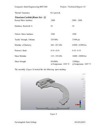 Computer Aided Engineering MET-300 Project – Technical Report
Farmingdale State College 04/29/2015
13
Thermal Expansion 10.5 µm/m-K
Titanium Carbide[Rotor Set - 2]
Knoop Micro hardness 2400 2000 – 2400
Hardness, Rockwell A 93 93
Vickers Micro hardness 3200 3200
Tensile Strength, Ultimate 258 MPa 37400 psi
Modulus of Elasticity 448 - 451 GPa 65000 - 65400 ksi
Poisson’s Ratio 0.18 - 0.19 0.18 - 0.19
Shear Modulus 110 - 193 GPa 16000 - 28000 ksi
Shear Strength 89.0MPa
@Temperature 1925 °C
12900psi
@Temperature 3497 °F
The assembly (Figure 6) looked like the following upon meshing–
Figure 6
 