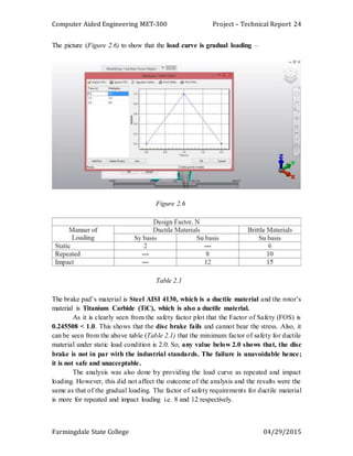 Computer Aided Engineering MET-300 Project – Technical Report
Farmingdale State College 04/29/2015
24
The picture (Figure 2.6) to show that the load curve is gradual loading –
Figure 2.6
Table 2.1
The brake pad’s material is Steel AISI 4130, which is a ductile material and the rotor’s
material is Titanium Carbide (TiC), which is also a ductile material.
As it is clearly seen from the safety factor plot that the Factor of Safety (FOS) is
0.245508 < 1.0. This shows that the disc brake fails and cannot bear the stress. Also, it
can be seen from the above table (Table 2.1) that the minimum factor of safety for ductile
material under static load condition is 2.0. So, any value below 2.0 shows that, the disc
brake is not in par with the industrial standards. The failure is unavoidable hence;
it is not safe and unacceptable.
The analysis was also done by providing the load curve as repeated and impact
loading. However, this did not affect the outcome of the analysis and the results were the
same as that of the gradual loading. The factor of safety requirements for ductile material
is more for repeated and impact loading i.e. 8 and 12 respectively.
 