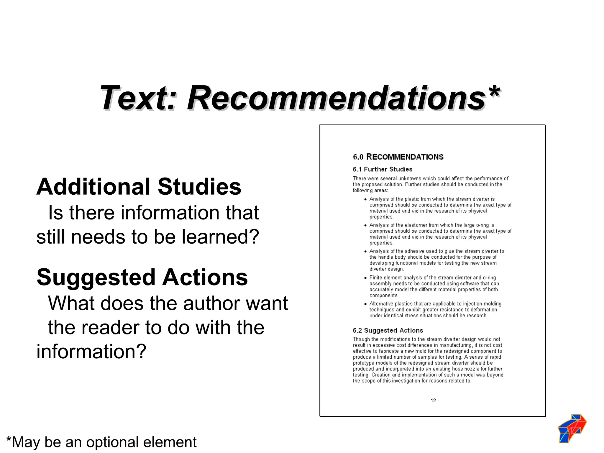Text: Recommendations*
Text: Recommendations*
*May be an optional element
Additional Studies
Is there information that
still needs to be learned?
Suggested Actions
What does the author want
the reader to do with the
information?
12
 