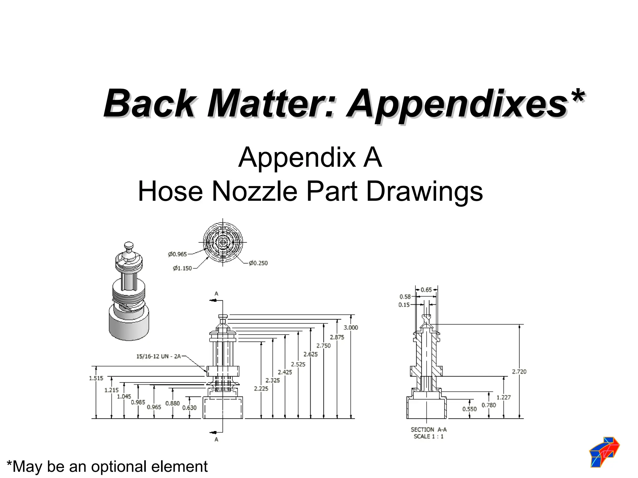 *May be an optional element
Appendix A
Hose Nozzle Part Drawings
Back Matter: Appendixes*
Back Matter: Appendixes*
 