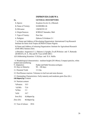 Technical report on two Sorghum varieties (12KNICSV-188 and 12KNICSV-22) developed in Nigeria