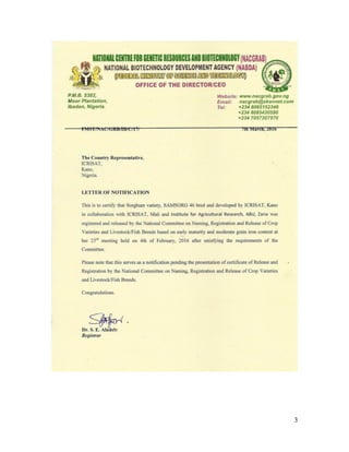 Technical report on two Sorghum varieties (12KNICSV-188 and 12KNICSV-22) developed in Nigeria