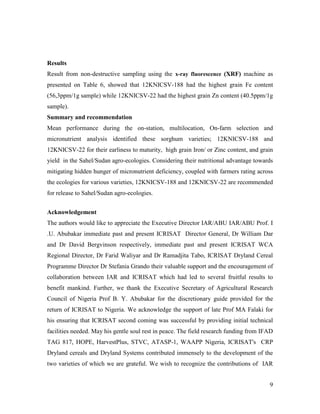 Technical report on two Sorghum varieties (12KNICSV-188 and 12KNICSV-22) developed in Nigeria