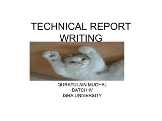 TECHNICAL REPORT
WRITING
QURATULAIN MUGHAL
BATCH IV
ISRA UNIVERSITY
 