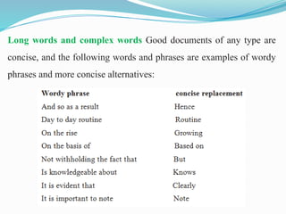 Long words and complex words Good documents of any type are
concise, and the following words and phrases are examples of wordy
phrases and more concise alternatives:
 