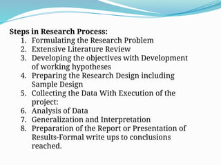 Steps in Research Process:
1. Formulating the Research Problem
2. Extensive Literature Review
3. Developing the objectives with Development
of working hypotheses
4. Preparing the Research Design including
Sample Design
5. Collecting the Data With Execution of the
project:
6. Analysis of Data
7. Generalization and Interpretation
8. Preparation of the Report or Presentation of
Results-Formal write ups to conclusions
reached.
 