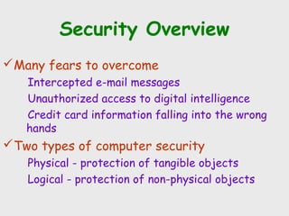 Security Overview
Many fears to overcome
Intercepted e-mail messages
Unauthorized access to digital intelligence
Credit card information falling into the wrong
hands
Two types of computer security
Physical - protection of tangible objects
Logical - protection of non-physical objects
 