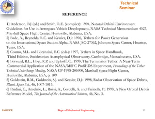 15
BMSECE Dept. of Mechanical Engineering
Technical
Seminar
REFERENCE
1] Anderson, B.J (ed.) and Smith, R.E. (compiler): 1994, Natural Orbital Environment
Guidelines for Use in Aerospace Vehicle Development, NASA Technical Memorandum 4527,
Marshall Space Flight Center, Huntsville, Alabama, USA.
2] Bade, A., Reynolds, R.C. and Kessler, D.J.: 1996, Tethers for Power Generation
on the International Space Station Alpha, NASA JSC-27362, Johnson Space Center, Houston,
Texas, USA.
3] Cosmo, M.L. and Lorenzini, E.C. (eds.): 1997, Tethers in Space Handbook,
Third Edition, Smithsonian Astrophysical Observatory, Cambridge, Massachusetts, USA.
4] Forward, R.L., Hoyt, R.P. and Uphoff, C.: 1998, The Terminator Tether: A Near-Term
Commercial Application of the NASA/MSFC ProSEDS Experiment, Proceedings of the Tether
Technical Interchange Meeting, NASA CP-1998-206900, Marshall Space Flight Center,
Huntsville, Alabama, USA, p. 109
5] Goldstein, R.M., Goldstein, S.J. and Kessler, D.J.: 1998, Radar Observation of Space Debris,
Planet. Space Sci., 46, 1007-1013.
6] Pardini, C., Anselmo, L., Rossi, A., Cordelli, A. and Farinella, P.: 1998, A New Orbital Debris
Reference Model, The Journal of the Astronautical Sciences, 46, No. 3.
 