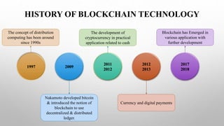 HISTORY OF BLOCKCHAIN TECHNOLOGY
1997 2009
2011
2012
2012
2013
2017
2018
The concept of distribution
computing has been around
since 1990s
Nakamoto developed bitcoin
& introduced the notion of
blockchain to use
decentralized & distributed
ledger.
The development of
cryptocurrency in practical
application related to cash
Currency and digital payments
Blockchain has Emerged in
various application with
further development
 