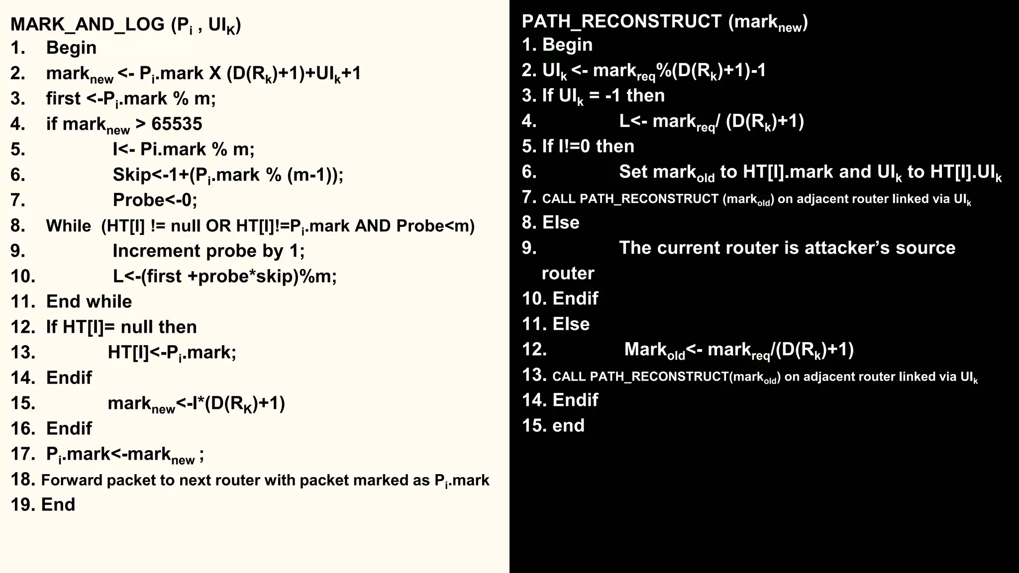 MARK_AND_LOG (Pi , UIK)
1. Begin
2. marknew <- Pi.mark X (D(Rk)+1)+UIk+1
3. first <-Pi.mark % m;
4. if marknew > 65535
5. l<- Pi.mark % m;
6. Skip<-1+(Pi.mark % (m-1));
7. Probe<-0;
8. While (HT[l] != null OR HT[l]!=Pi.mark AND Probe<m)
9. Increment probe by 1;
10. L<-(first +probe*skip)%m;
11. End while
12. If HT[l]= null then
13. HT[l]<-Pi.mark;
14. Endif
15. marknew<-l*(D(RK)+1)
16. Endif
17. Pi.mark<-marknew ;
18. Forward packet to next router with packet marked as Pi.mark
19. End
PATH_RECONSTRUCT (marknew)
1. Begin
2. UIk <- markreq%(D(Rk)+1)-1
3. If UIk = -1 then
4. L<- markreq/ (D(Rk)+1)
5. If l!=0 then
6. Set markold to HT[l].mark and UIk to HT[l].UIk
7. CALL PATH_RECONSTRUCT (markold) on adjacent router linked via UIk
8. Else
9. The current router is attacker’s source
router
10. Endif
11. Else
12. Markold<- markreq/(D(Rk)+1)
13. CALL PATH_RECONSTRUCT(markold) on adjacent router linked via UIk
14. Endif
15. end
 