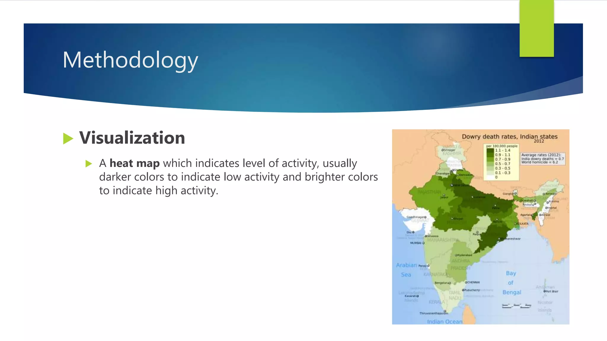 Methodology
 Visualization
 A heat map which indicates level of activity, usually
darker colors to indicate low activity and brighter colors
to indicate high activity.
 