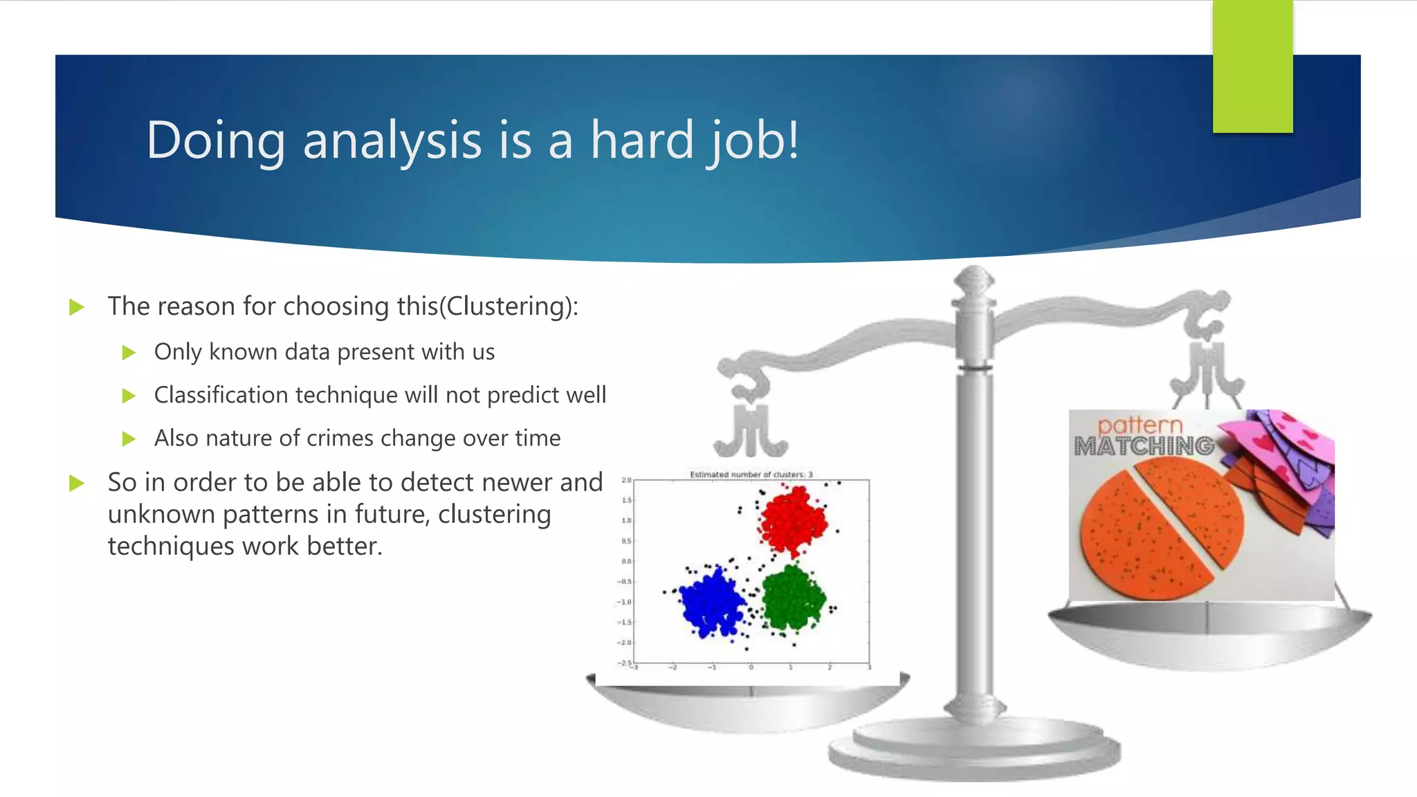 Doing analysis is a hard job!
 The reason for choosing this(Clustering):
 Only known data present with us
 Classification technique will not predict well
 Also nature of crimes change over time
 So in order to be able to detect newer and
unknown patterns in future, clustering
techniques work better.
 