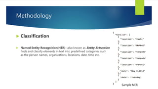 Methodology
 Classification
 Named Entity Recognition(NER)- also known as Entity Extraction
finds and classify elements in text into predefined categories such
as the person names, organizations, locations, date, time etc.
Sample NER
 