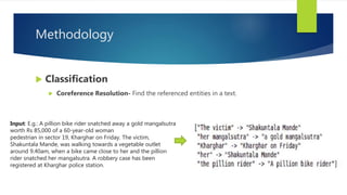 Methodology
 Classification
 Coreference Resolution- Find the referenced entities in a text.
Input: E.g.: A pillion bike rider snatched away a gold mangalsutra
worth Rs 85,000 of a 60-year-old woman
pedestrian in sector 19, Kharghar on Friday. The victim,
Shakuntala Mande, was walking towards a vegetable outlet
around 9.40am, when a bike came close to her and the pillion
rider snatched her mangalsutra. A robbery case has been
registered at Kharghar police station.
 