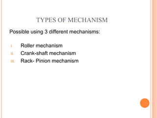 TYPES OF MECHANISM
Possible using 3 different mechanisms:
I. Roller mechanism
II. Crank-shaft mechanism
III. Rack- Pinion mechanism
 