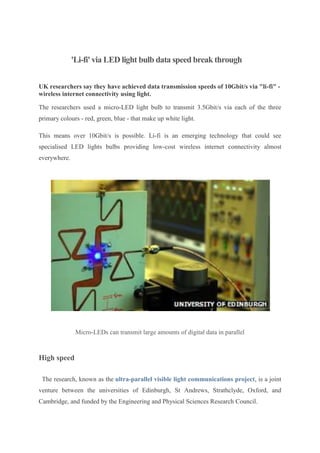 Color Led For Li Fi Development seminar report on Li-Fi Technology | DOCX