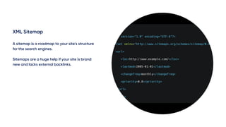 XML Sitemap
A sitemap is a roadmap to your site's structure
for the search engines.
Sitemaps are a huge help if your site is brand
new and lacks external backlinks.
 