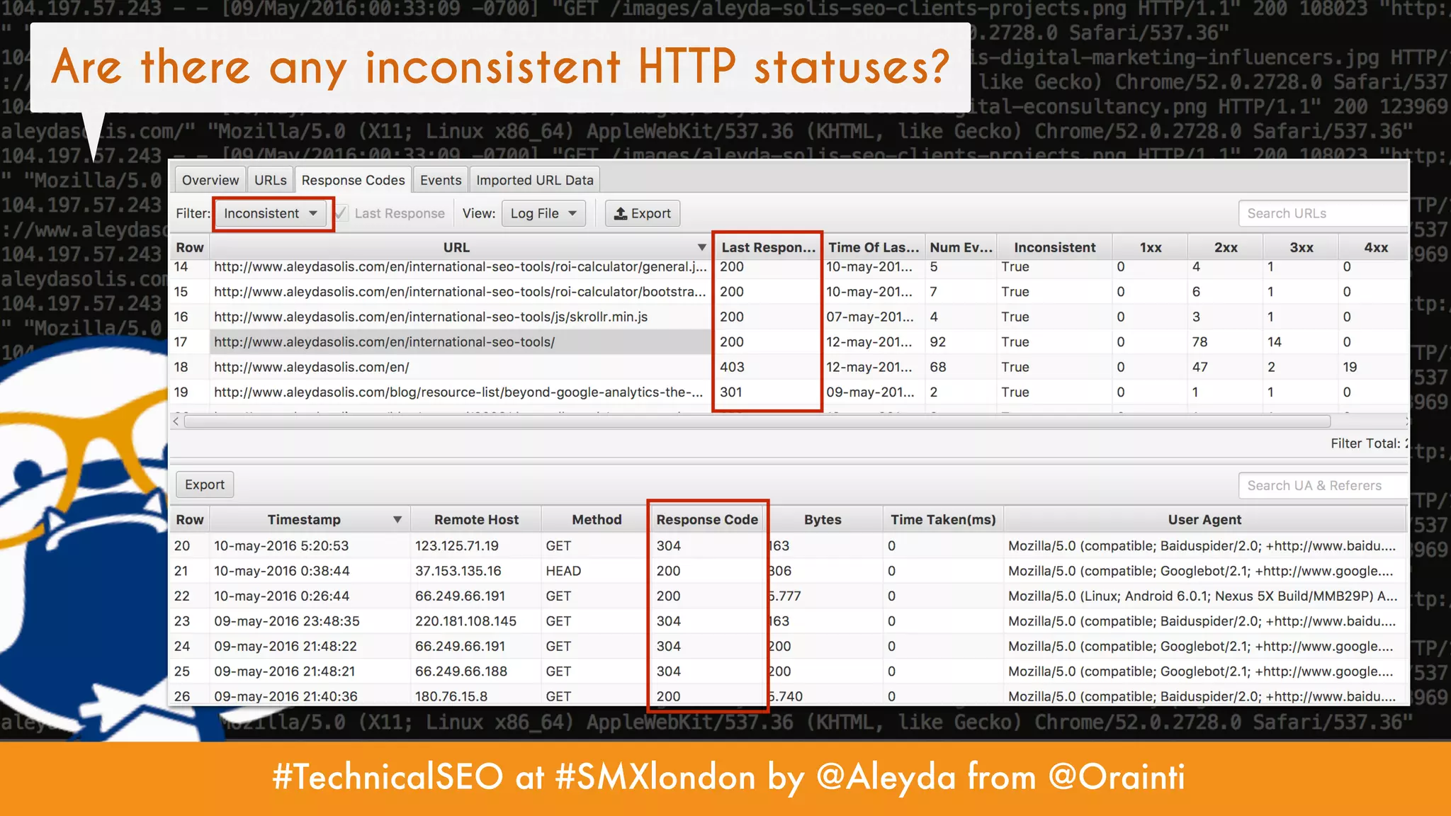 #TechnicalSEO at #SMXlondon by @Aleyda from @Orainti
Are there any inconsistent HTTP statuses?
 