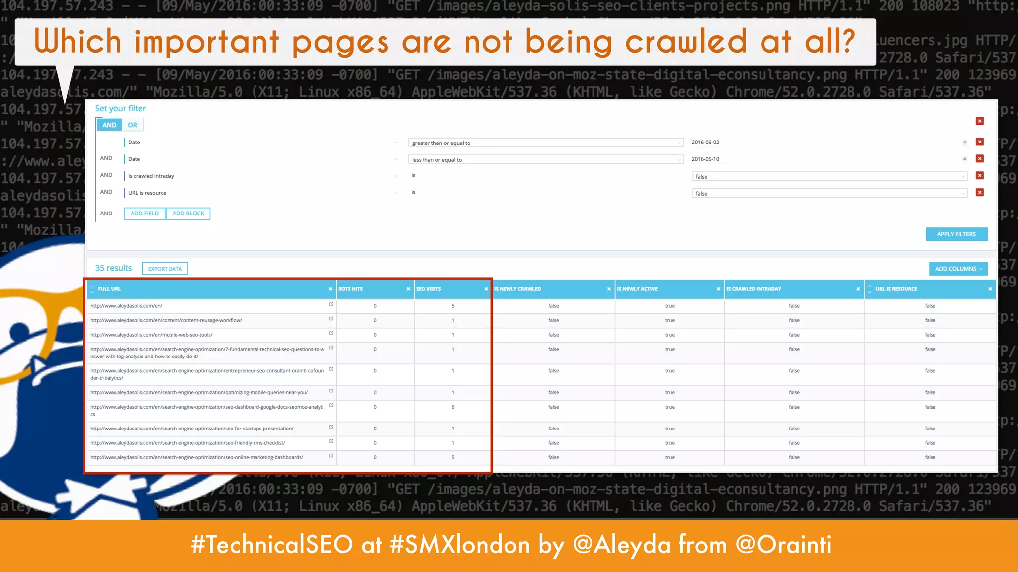 #TechnicalSEO at #SMXlondon by @Aleyda from @Orainti
Which important pages are not being crawled at all?
 