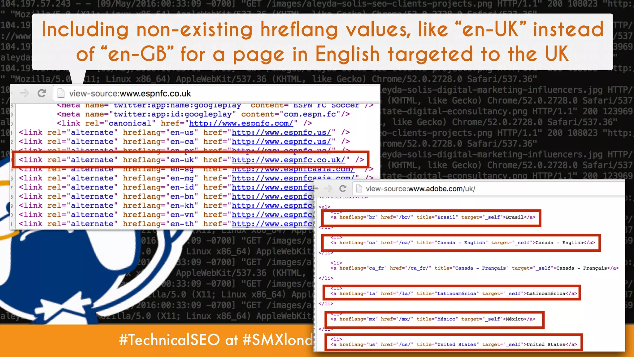 #TechnicalSEO at #SMXlondon by @Aleyda from @Orainti
Including non-existing hreflang values, like “en-UK” instead
of “en-GB” for a page in English targeted to the UK
 