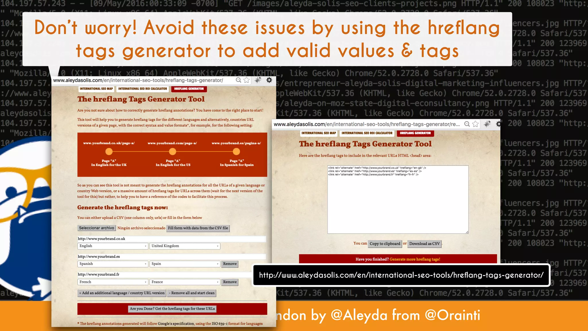 #TechnicalSEO at #SMXlondon by @Aleyda from @Orainti
Don’t worry! Avoid these issues by using the hreflang
tags generator to add valid values & tags
http://www.aleydasolis.com/en/international-seo-tools/hreflang-tags-generator/
 