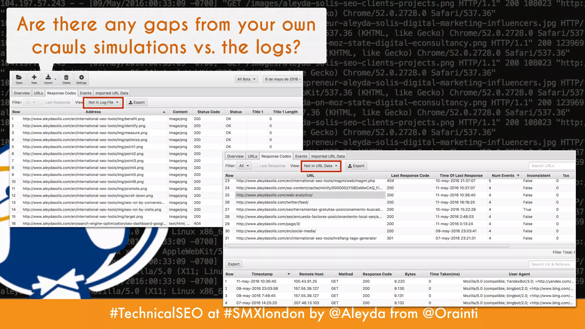 #TechnicalSEO at #SMXlondon by @Aleyda from @Orainti
Are there any gaps from your own
crawls simulations vs. the logs?
 