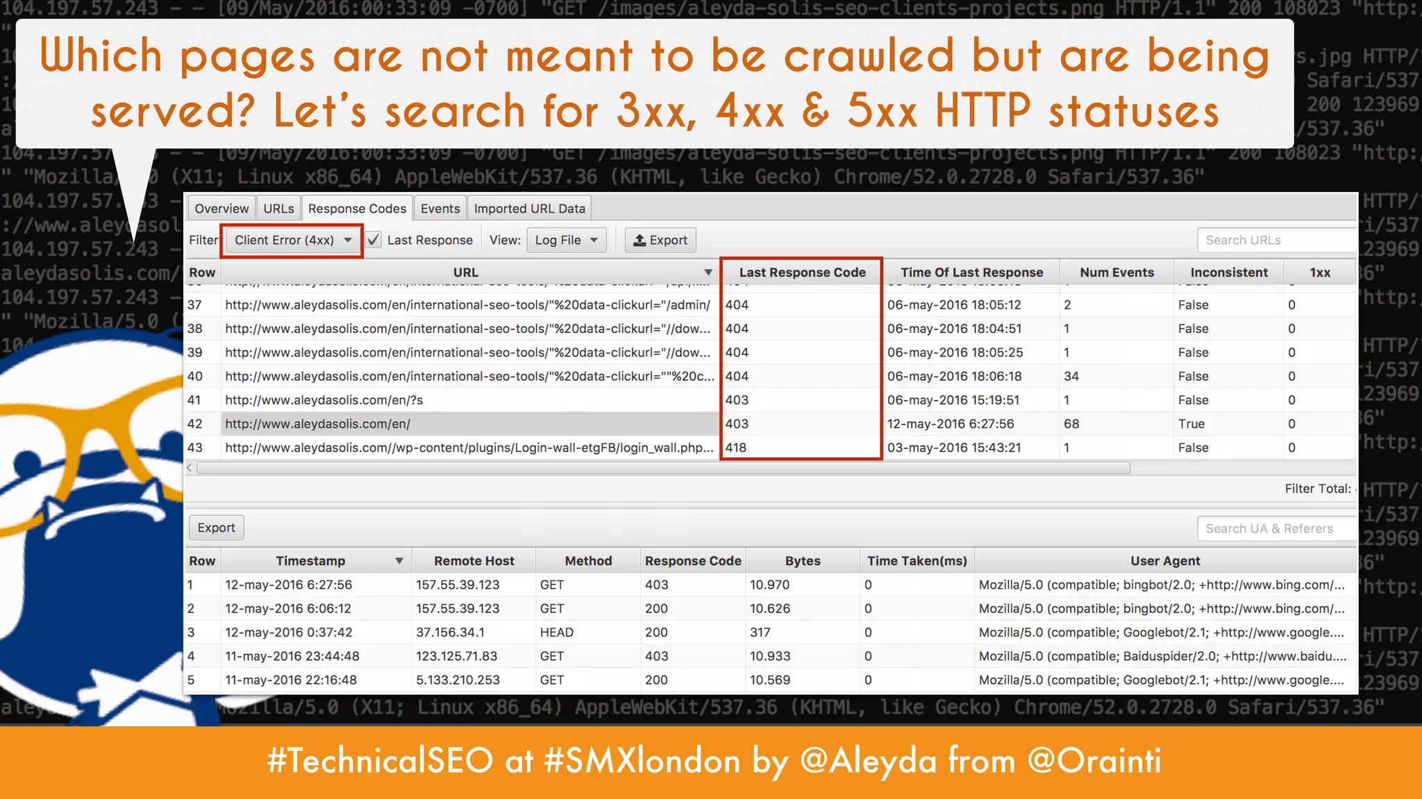 #TechnicalSEO at #SMXlondon by @Aleyda from @Orainti
Which pages are not meant to be crawled but are being
served? Let’s search for 3xx, 4xx & 5xx HTTP statuses
 