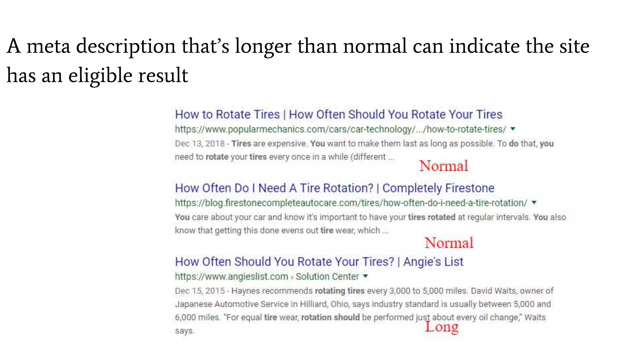 A meta description that’s longer than normal can indicate the site
has an eligible result
 