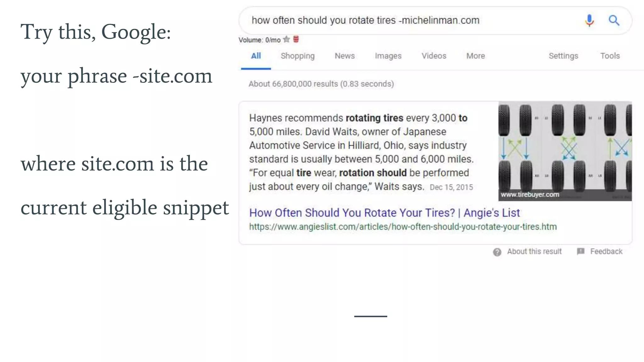 Try this, Google:
your phrase -site.com
where site.com is the
current eligible snippet
 