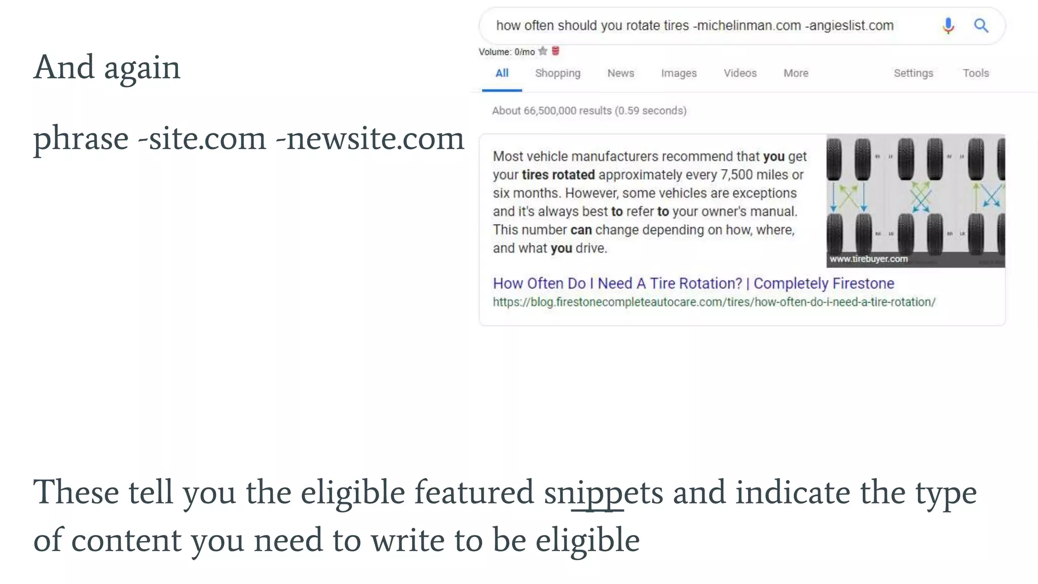 And again
phrase -site.com -newsite.com
These tell you the eligible featured snippets and indicate the type
of content you need to write to be eligible
 
