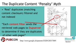 #pubcon
The Duplicate Content ‘Penalty’ Myth
• ‘Real’ duplicates (matching
content checksum) filtered and
not indexed
“Each content filter sends the
retrieved web pages to Dupserver
to determine if they are duplicates
of other web pages”
http://www.google.ch/patents/US20120317089
 