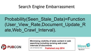 #pubcon
Search Engine Embarrassment
Probability(Seen_Stale_Data)=Function
(User_View_Rate,Document_Update_R
ate,Web_Crawl_Interval).
 