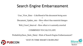 #pubcon
Search Engine Embarrassment
User_View_Rate – Likelihood of the document being seen
+
Document_Update_rate – How often it has material changes
+
Web_Crawl_Interval – How often is it currently crawled
COMBINED TO CALCULATE
Probability(Seen_Stale_Data) = Risk of Search Engine Embarrassment?
‘JUST IN TIME SMART CRAWLING’
 