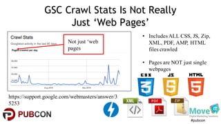 #pubcon
GSC Crawl Stats Is Not Really
Just ‘Web Pages’
• Includes ALL CSS, JS, Zip,
XML, PDF, AMP, HTML
files crawled
• Pages are NOT just single
webpages
https://support.google.com/webmasters/answer/3
5253
Not just ‘web
pages
 