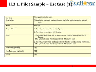 II.3.1.	
  Pilot	
  Sample	
  –	
  UseCase	
  (1)	
  


Use Case                    View appointments of a week
Description                 The goal of this use case is to allow end-user to view his/her appointments of the selected
                                 week.

Actors                      End-user

Preconditions               1. The end-user’s account has been configured.
                            2. The end-user is opening the Calendar page.
Steps                       1. The end-user would like to view the appointments of a week by selecting week view of
                                  Calendar.
                            àThe system will display the list of appointments of the current week.
                            2. The end-user would like to see the appointments of another week by selecting another week.
                            àThe system will display the list of appointments of the selected week.

Variations (optional)       TBD

Non-Functional (optional)   TBD

Issues                      TBD




                                                                                             12	
  
 