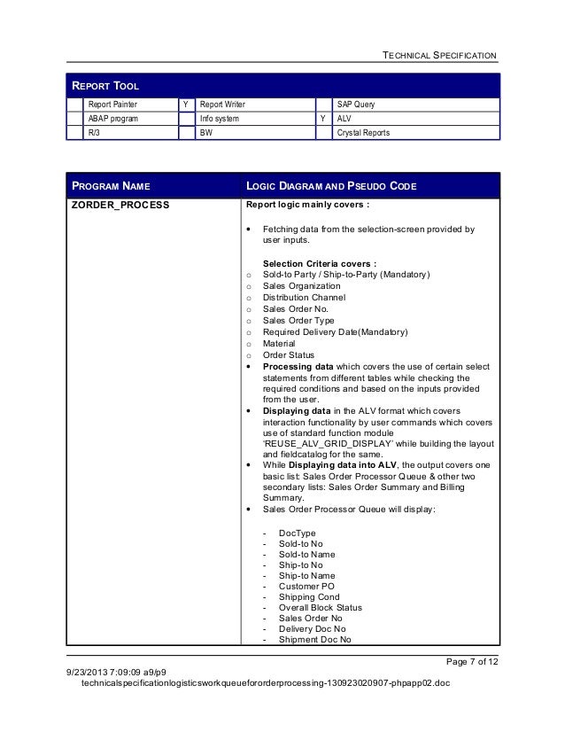 technical specification document template technical specification sd logistics order processing technical specification document template technical specification sd logistics order processing
