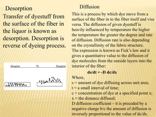 Desorption Diffusion
Transfer of dyestuff from
the surface of the fiber in
the liquor is known as
desorption. Desorption is
reverse of dyeing process.
This is a process by which dye move from a
surface of the fiber in to the fiber itself and vise
versa. The diffusion of given dyestuff is
heavily influenced by temperature the higher
the temperature the greater the degree and rate
of diffusion. Diffusion rate is also depending
on the crystallinity of the fabric structure.
The expression is known as Fick’s law and it
gives a quantitative value to the diffusion of
dye molecules from the outside layers into the
interior of the fiber:
ds/dt = -D dc/dx
Where,
s = amount of dye diffusing across unit area;
t = a small interval of time;
c = concentration of dye at a specified point x;
x = the distance diffused;
D diffusion coefficient – it is preceded by a
negative charge b/c the amount of diffusion is
inversely proportional to the value of dc/dx.
 