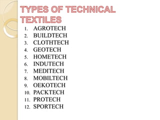 1. AGROTECH
2. BUILDTECH
3. CLOTHTECH
4. GEOTECH
5. HOMETECH
6. INDUTECH
7. MEDITECH
8. MOBILTECH
9. OEKOTECH
10. PACKTECH
11. PROTECH
12. SPORTECH
 