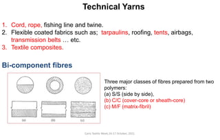 Cairo Textile Week,16-17 October, 2021.
1. Cord, rope, fishing line and twine.
2. Flexible coated fabrics such as; tarpaulins, roofing, tents, airbags,
transmission belts … etc.
3. Textile composites.
Technical Yarns
Bi-component fibres
Three major classes of fibres prepared from two
polymers:
(a) S/S (side by side),
(b) C/C (cover-core or sheath-core)
(c) M/F (matrix-fibril)
 