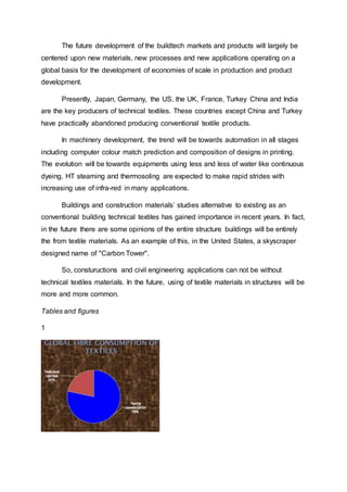 The future development of the buildtech markets and products will largely be
centered upon new materials, new processes and new applications operating on a
global basis for the development of economies of scale in production and product
development.
Presently, Japan, Germany, the US, the UK, France, Turkey China and India
are the key producers of technical textiles. These countries except China and Turkey
have practically abandoned producing conventional textile products.
In machinery development, the trend will be towards automation in all stages
including computer colour match prediction and composition of designs in printing.
The evolution will be towards equipments using less and less of water like continuous
dyeing, HT steaming and thermosoling are expected to make rapid strides with
increasing use of infra-red in many applications.
Buildings and construction materials’ studies alternative to existing as an
conventional building technical textiles has gained importance in recent years. In fact,
in the future there are some opinions of the entire structure buildings will be entirely
the from textile materials. As an example of this, in the United States, a skyscraper
designed name of "Carbon Tower".
So, constuructions and civil engineering applications can not be without
technical textiles materials. In the future, using of textile materials in structures will be
more and more common.
Tables and figures
1
 