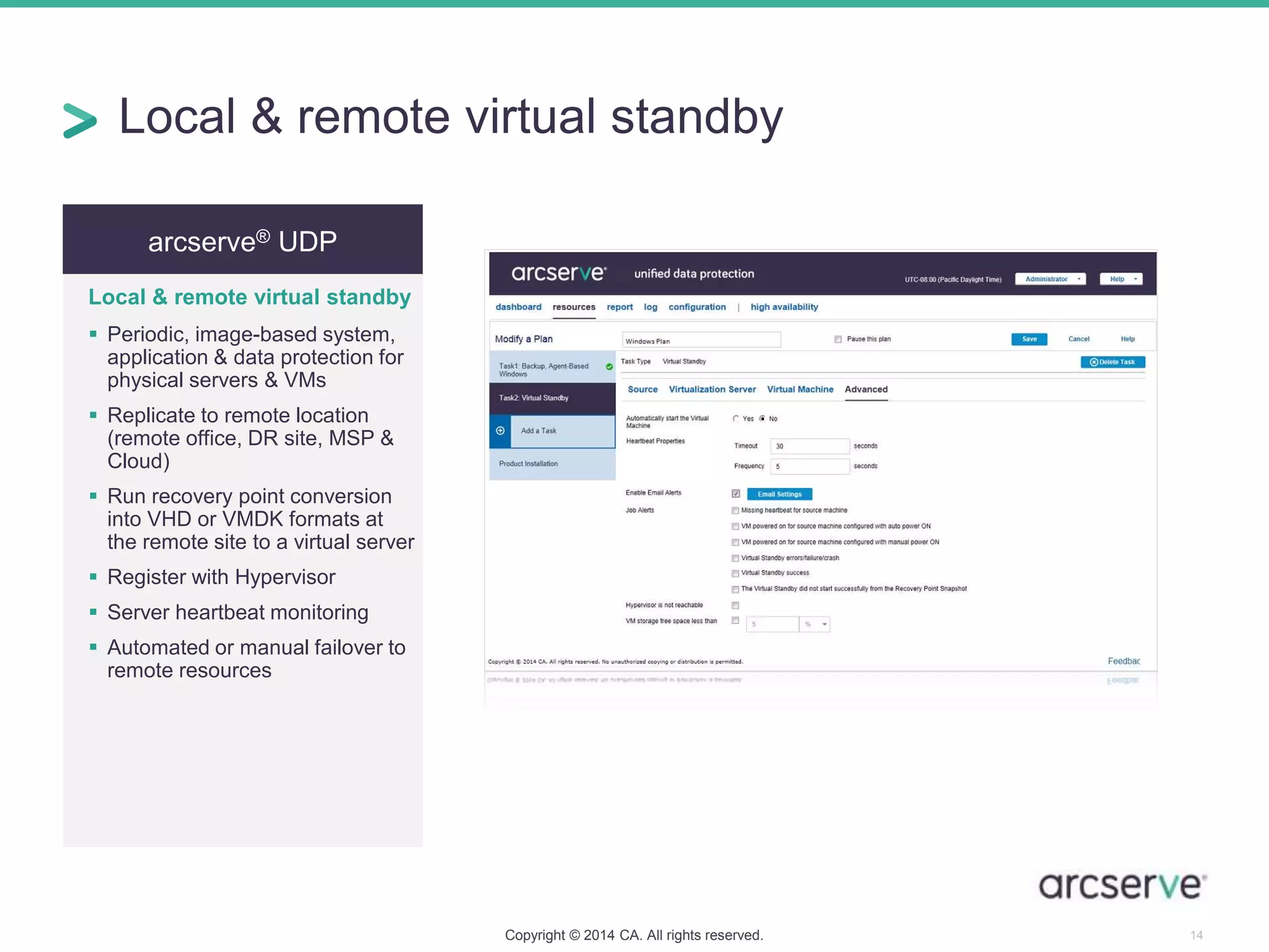 arcserve® UDP
Local & remote virtual standby
 Periodic, image-based system,
application & data protection for
physical servers & VMs
 Replicate to remote location
(remote office, DR site, MSP &
Cloud)
 Run recovery point conversion
into VHD or VMDK formats at
the remote site to a virtual server
 Register with Hypervisor
 Server heartbeat monitoring
 Automated or manual failover to
remote resources
Local & remote virtual standby
Copyright © 2014 CA. All rights reserved. 14
 