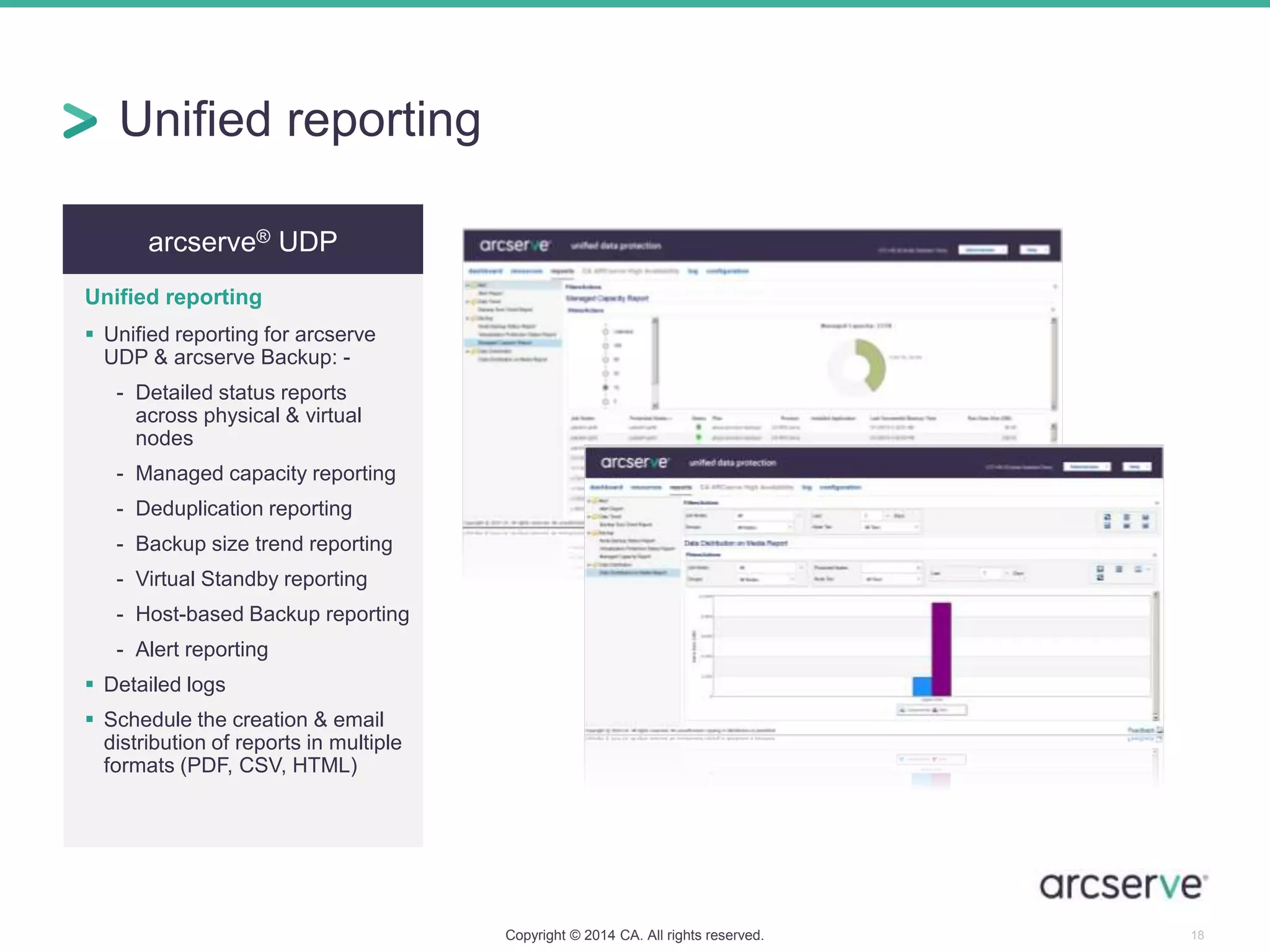 arcserve® UDP
Unified reporting
 Unified reporting for arcserve
UDP & arcserve Backup: -
- Detailed status reports
across physical & virtual
nodes
- Managed capacity reporting
- Deduplication reporting
- Backup size trend reporting
- Virtual Standby reporting
- Host-based Backup reporting
- Alert reporting
 Detailed logs
 Schedule the creation & email
distribution of reports in multiple
formats (PDF, CSV, HTML)
Unified reporting
Copyright © 2014 CA. All rights reserved. 18
 