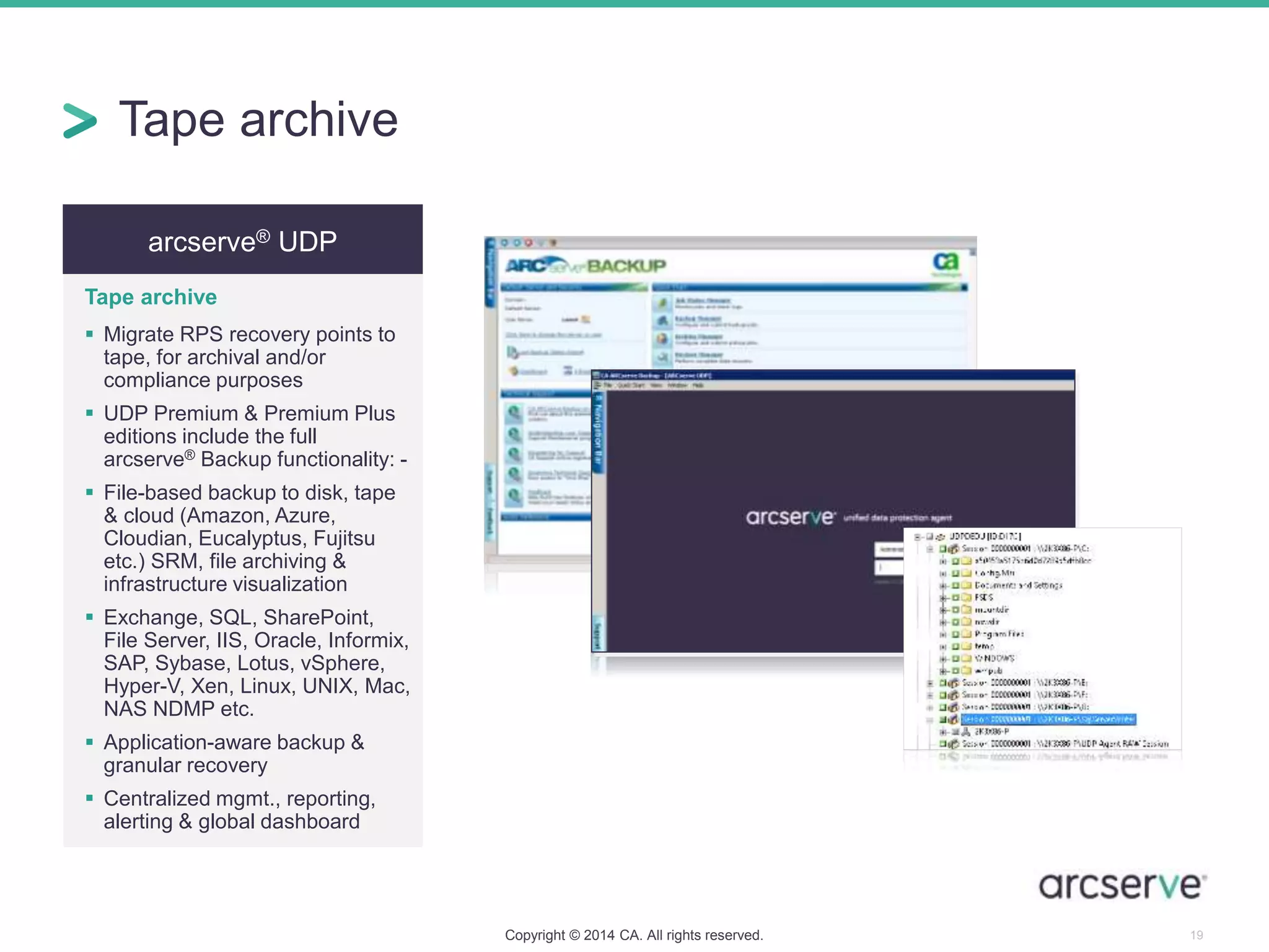 arcserve® UDP
Tape archive
 Migrate RPS recovery points to
tape, for archival and/or
compliance purposes
 UDP Premium & Premium Plus
editions include the full
arcserve® Backup functionality: -
 File-based backup to disk, tape
& cloud (Amazon, Azure,
Cloudian, Eucalyptus, Fujitsu
etc.) SRM, file archiving &
infrastructure visualization
 Exchange, SQL, SharePoint,
File Server, IIS, Oracle, Informix,
SAP, Sybase, Lotus, vSphere,
Hyper-V, Xen, Linux, UNIX, Mac,
NAS NDMP etc.
 Application-aware backup &
granular recovery
 Centralized mgmt., reporting,
alerting & global dashboard
Tape archive
Copyright © 2014 CA. All rights reserved. 19
 