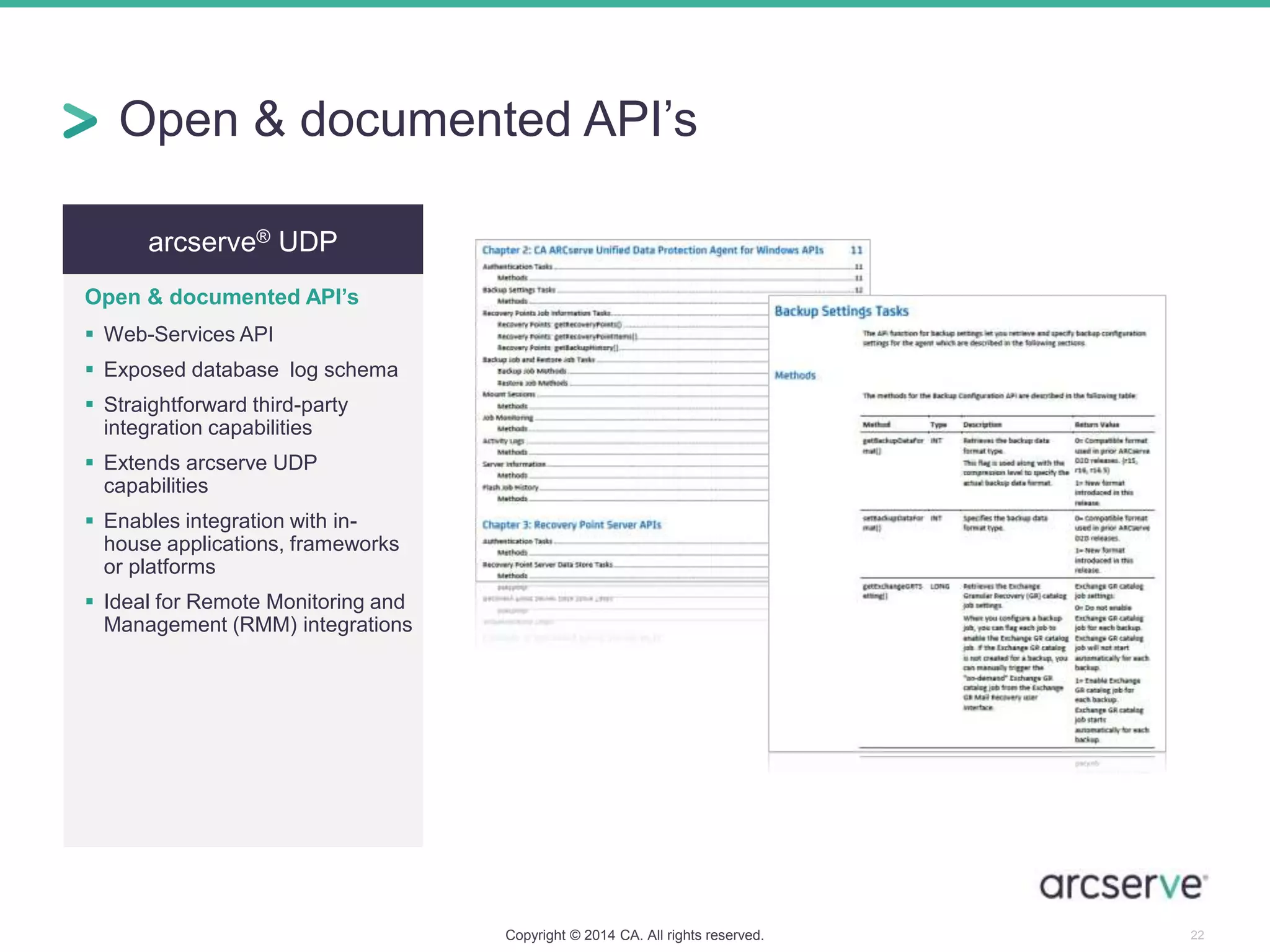 arcserve® UDP
Open & documented API’s
 Web-Services API
 Exposed database log schema
 Straightforward third-party
integration capabilities
 Extends arcserve UDP
capabilities
 Enables integration with in-
house applications, frameworks
or platforms
 Ideal for Remote Monitoring and
Management (RMM) integrations
Open & documented API’s
Copyright © 2014 CA. All rights reserved. 22
 