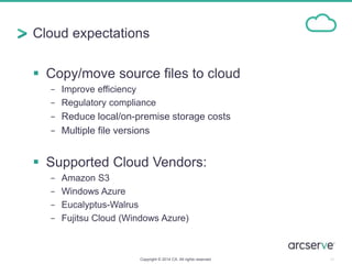 Cloud expectations
 Copy/move source files to cloud
− Improve efficiency
− Regulatory compliance
− Reduce local/on-premise storage costs
− Multiple file versions
 Supported Cloud Vendors:
− Amazon S3
− Windows Azure
− Eucalyptus-Walrus
− Fujitsu Cloud (Windows Azure)
16Copyright © 2014 CA. All rights reserved.
 